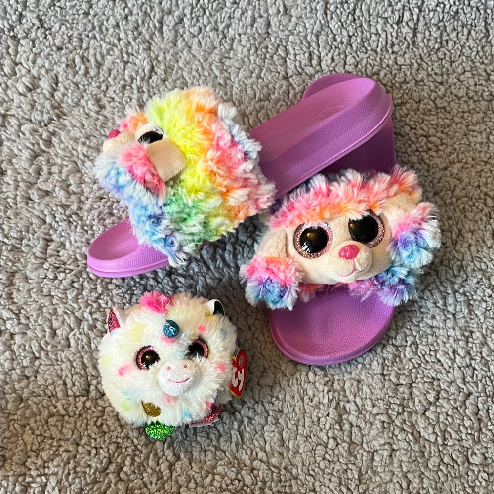 TY Pool Slides Rainbow 🌈 the poodle USA size: 1-3 and Ty PUFF Harmonies LOT!!